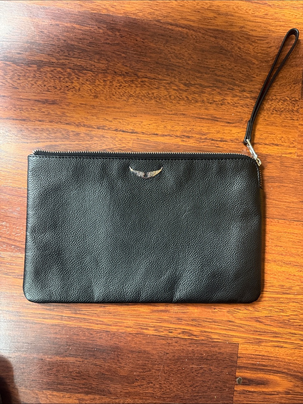 Zadig & Voltaire Black pebbled leather clutch wristlet with signature logo